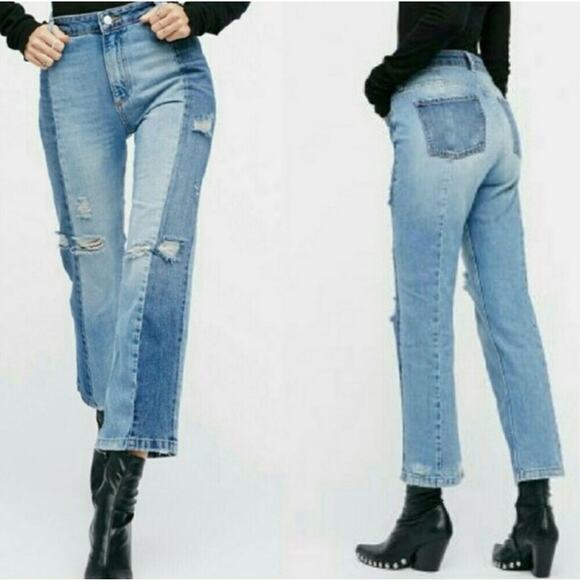 Free People Denim - Free People Patchwork 2 Tone Boyfriend Jeans Sz 27 High Rise Cropped Distressed